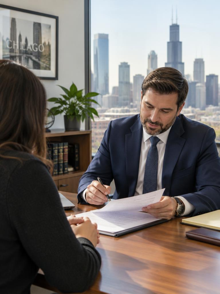 Attorney in a navy suit reviewing documents with a client at a desk overlooking the Chicago skyline
