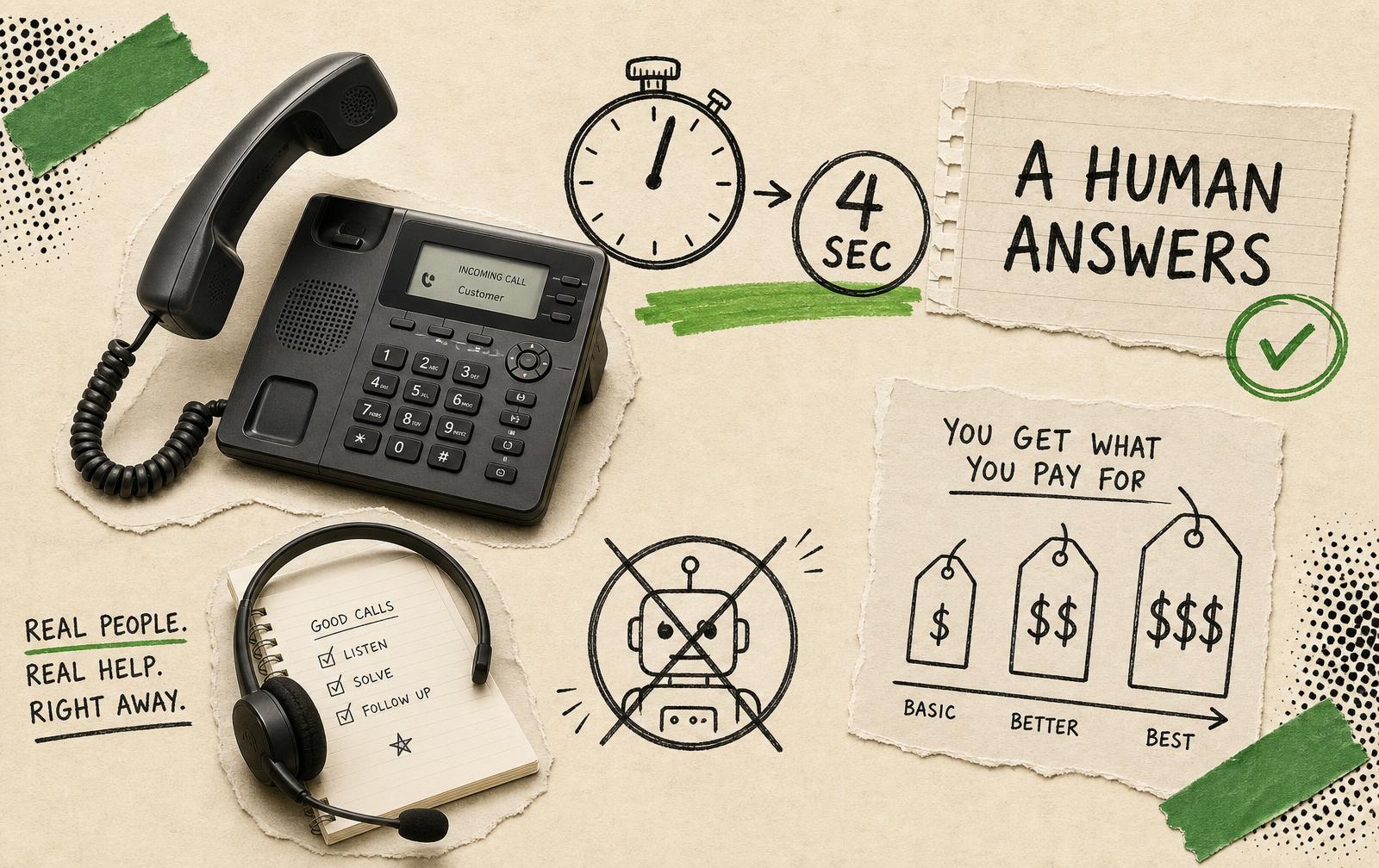Collage of a desk phone with the handset lifted, a headset on a notepad, a sketched four-second stopwatch and a crossed-out robot icon