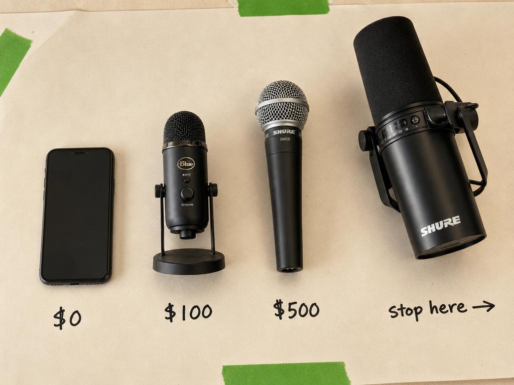 A phone, USB mic, mid-size mic and broadcast mic in ascending order on cream paper with marker annotations: $0, $100, $500, stop here.