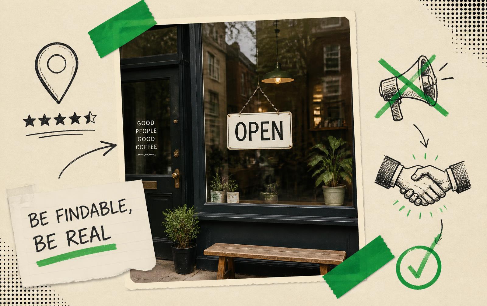 Storefront window with an open sign surrounded by sketched map pin, stars and a handshake on cream paper