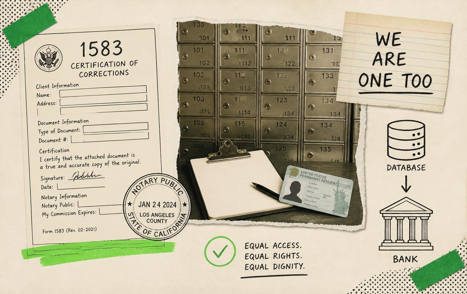 Collage of a numbered mailbox wall with a clipboard and ID card, a sketched USPS Form 1583 with a notary stamp, and an arrow from a database icon to a bank