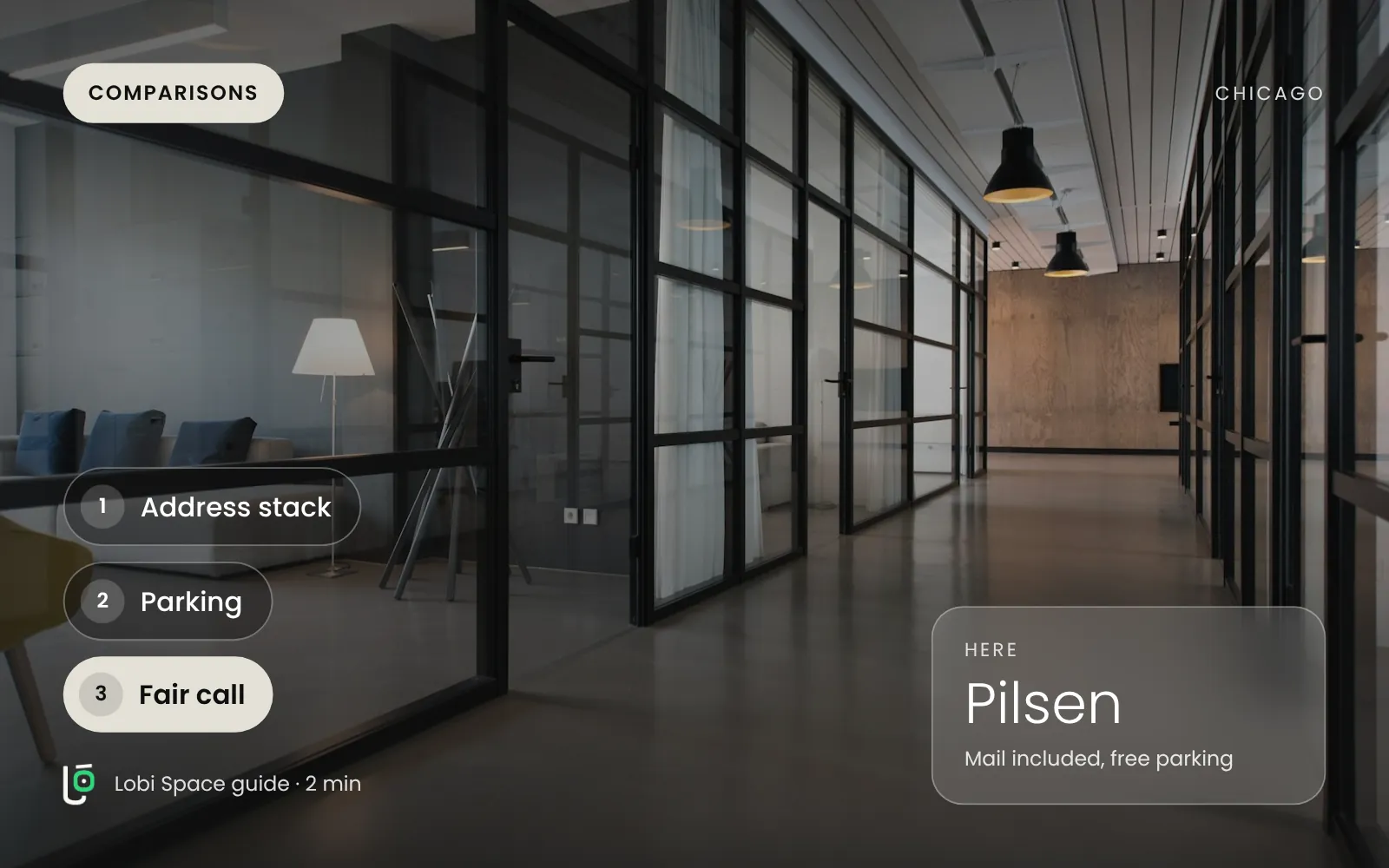 An office hallway with glass doors, with the key points: Address stack; Parking; Fair call.