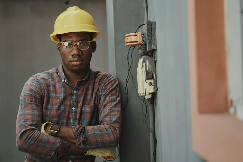 Tradesman in a yellow hard hat and plaid shirt standing with arms crossed next to a utility box